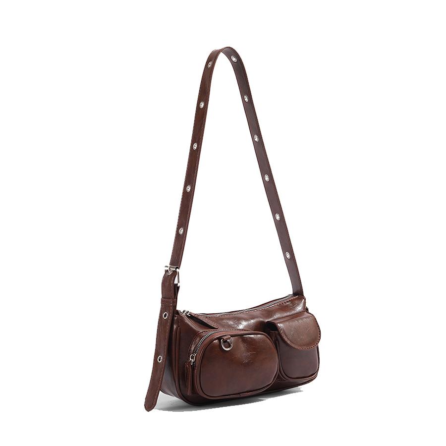 Fashi Pu Leather Women's Shoulder Bag Small Double Pocket Design Ladies Underarm Bags Y2k Vintage Female Handbags Clutch Purse