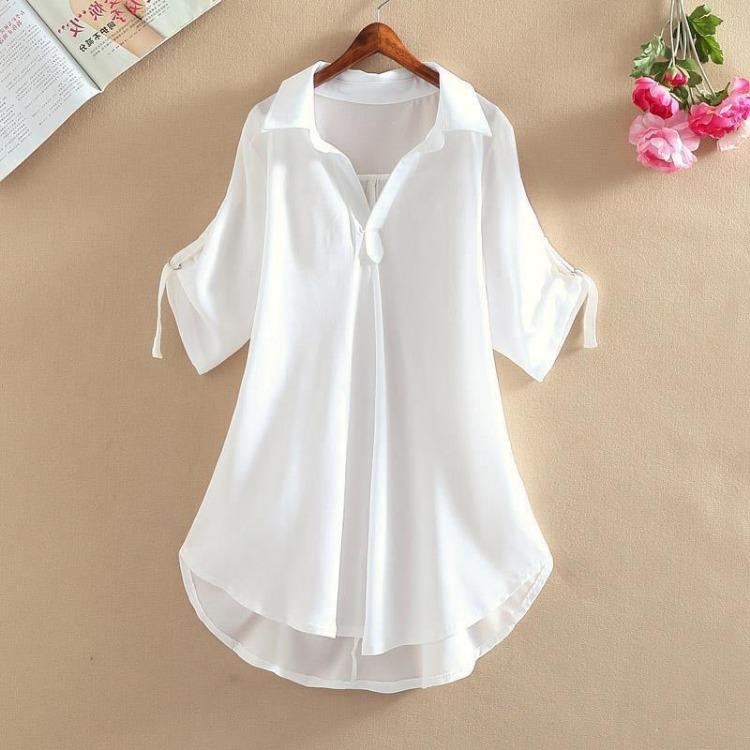 2022 Summer Women Chiffon Shirt Loose Fit Mid Length Slim Waist Design