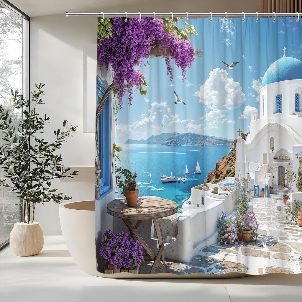 Greek Alley Shower Curtain Whitewashed Walls Terracotta Pots Flowers Polyester Machine Washable With 12 Hooks For Bathroom Decor