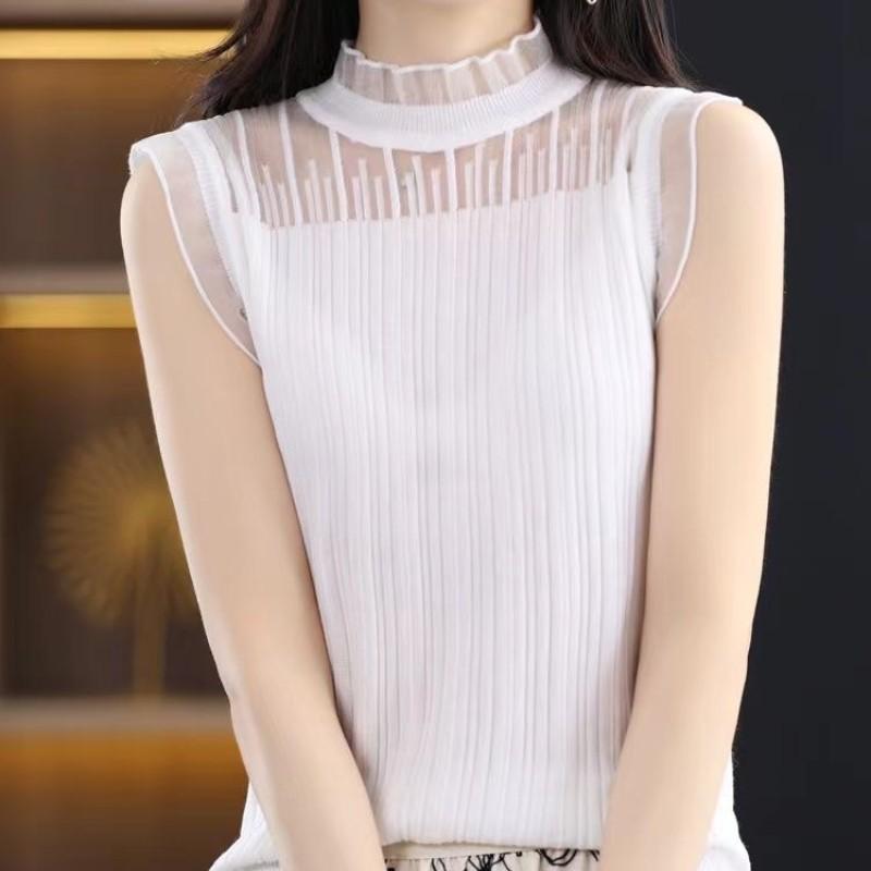 Der neue Sommerstil Ärmellose Weste Damen Halber hoher Kragen Im Anzug Weiße Bluse Spitze Strick Unterteil