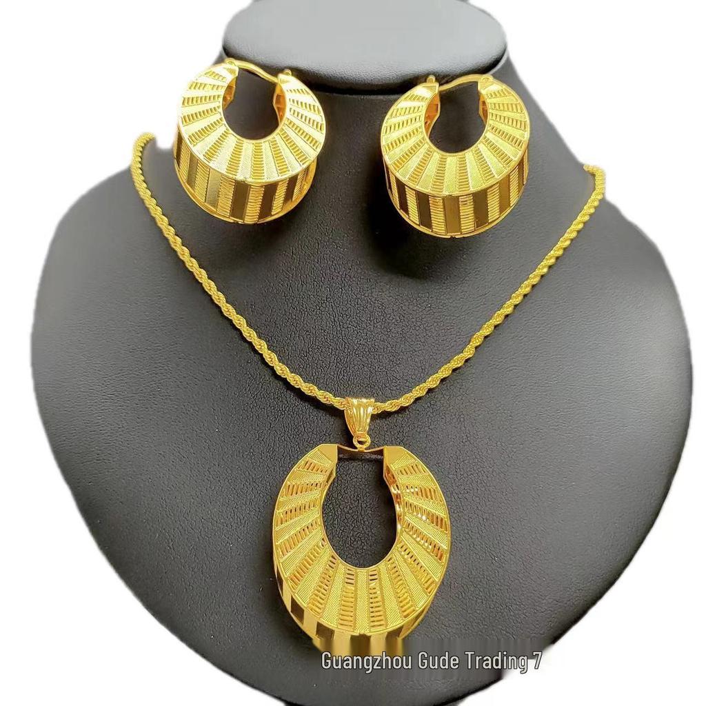24k Gold Three-Piece Jewelry Set: Pendant, Earrings & Necklace Inspired by Indian, Indonesian, Middle Eastern & Dubai Designs