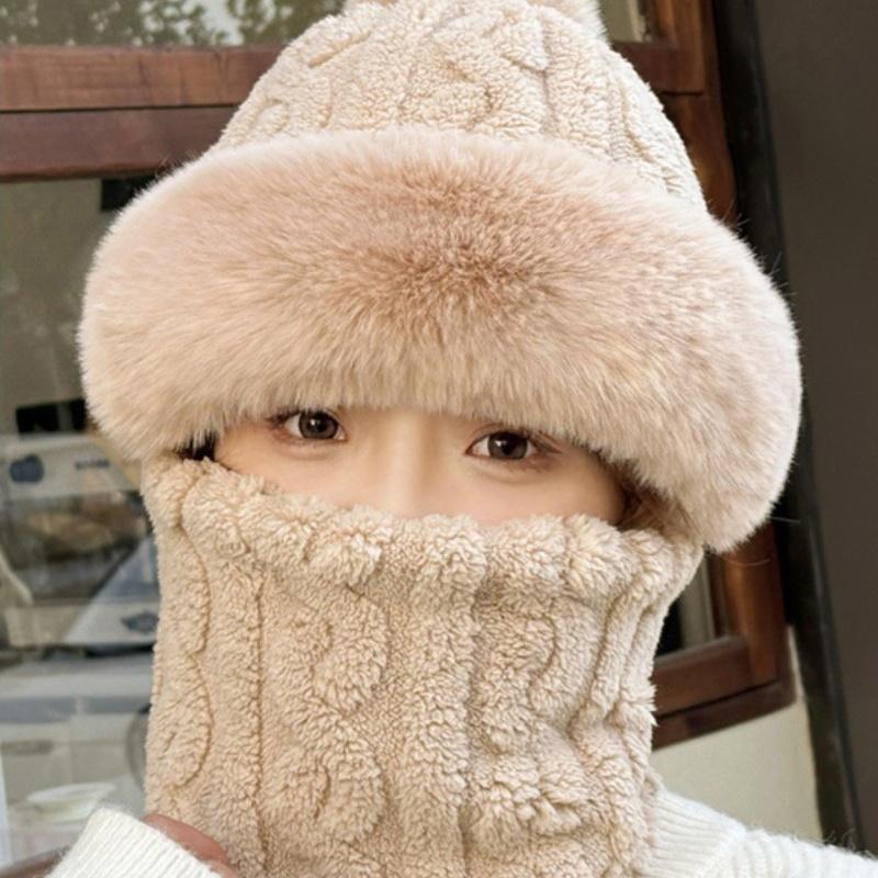1Pcs Winter Knitted Hat Scarf Mask One-Piece Plush Pompom Beanies For Women Outdoor Cycling Cap Ears Neck Protection Skiing Cap