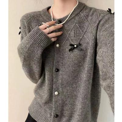 Women's Autumn and Winter Round Neck Pearl Bow Knitted Cardigan Jumper