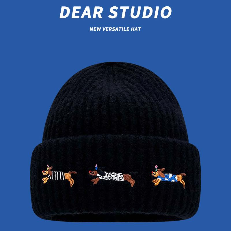 

Серая милая такса вышитая вязаная шапка для женщин, утолщенная теплая большая шапка-шарф, утягивающая лицо M（56-58cm）