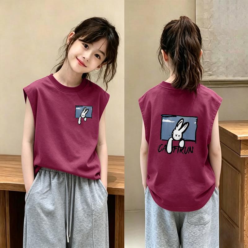 Trendy Sleeveless Round Neck Cotton T-shirt for Girls - Stylish Purple-Red Summer Top