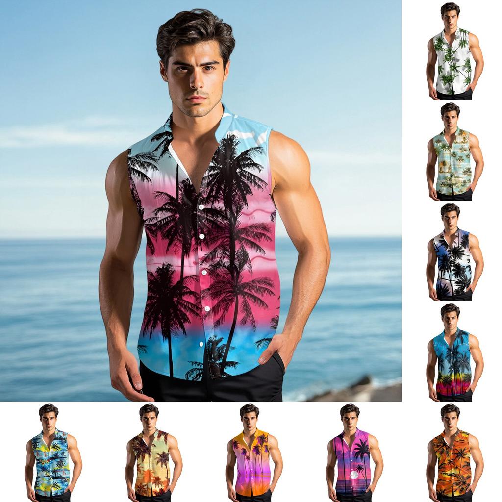 Men's Fashion Printed Sleeveless Lapel Button-Down Shirt Vest Top