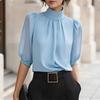 Women's High Neck Mesh Blouse with Puff Sleeves and Three-Quarter Length Sleeves