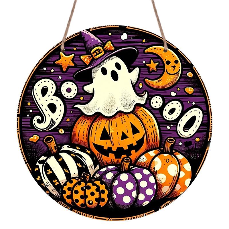 2D Flat, 1pc Round Waterproof Aluminum Halloween Boo Ghost Metal Sign, Cute Witch Hat Ghost Pumpkin Moon Plaque, Wreath Center Ornament, Front Door