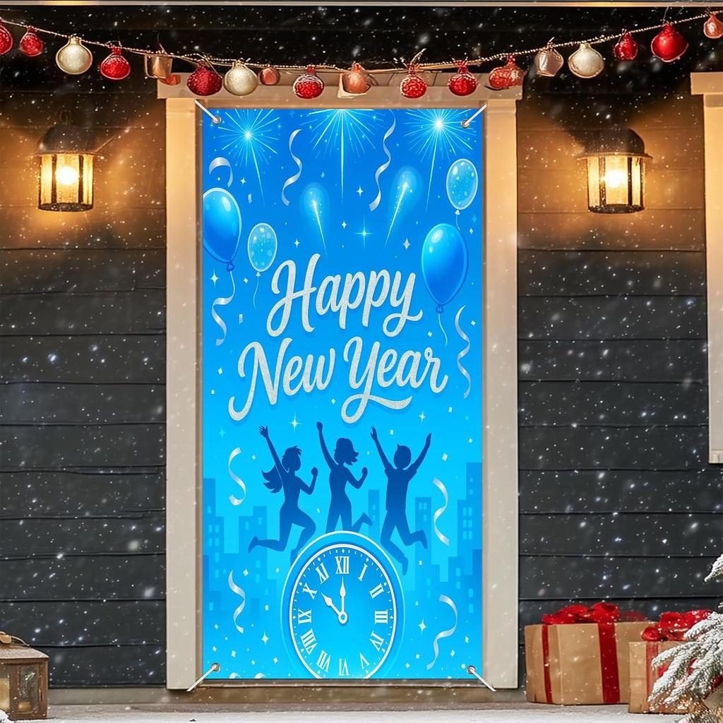 IVN 71x35 Inch Happy New Year 2026 Banner Door Cover New Years Eve Party Backdrop Black Gold Balloons Gift Box Polyester Fabric Front Door Porch