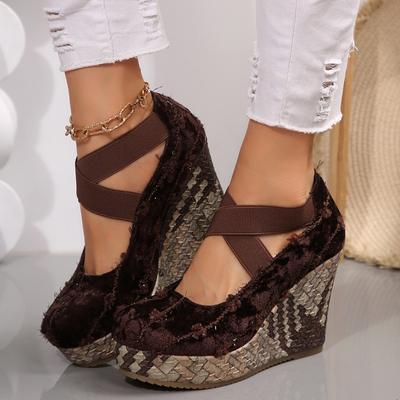 Modische Schuhe Damen 2025 Mode Retro Damen Plateau High Heels Runde Zehen Superhohe Keilpumps Übergröße Flach Elastikband