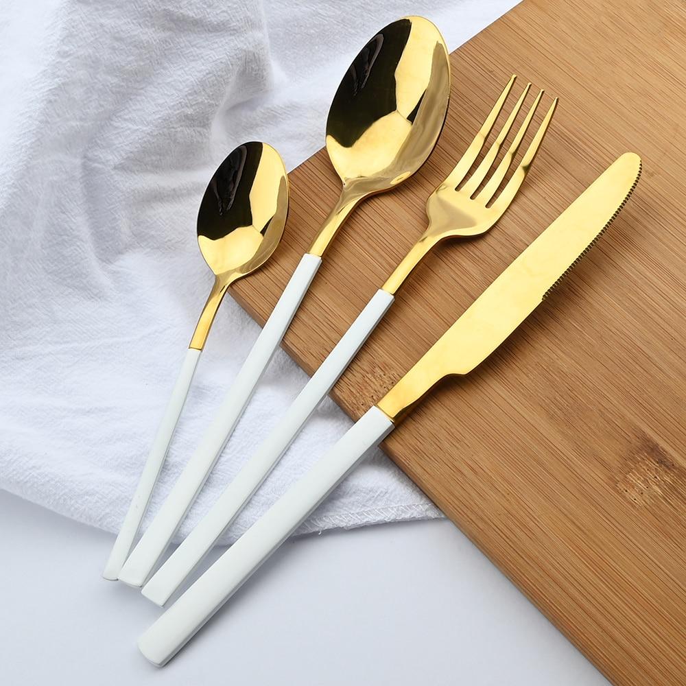 5Pcs Dinnerware Set Stainless Steel Tableware Set Knife Fork Spoon Dinner Set Black Gold Cutlery Set Kitchen Service for 6