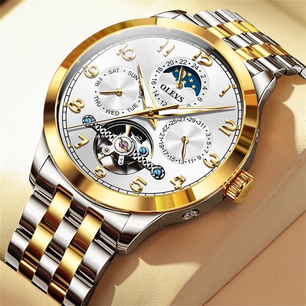 OLEVS ALL Gold Steel High Quality Tourbillon Men's Watches Luminous Moon Phase Automatic Mechanical Wrist Watch Men