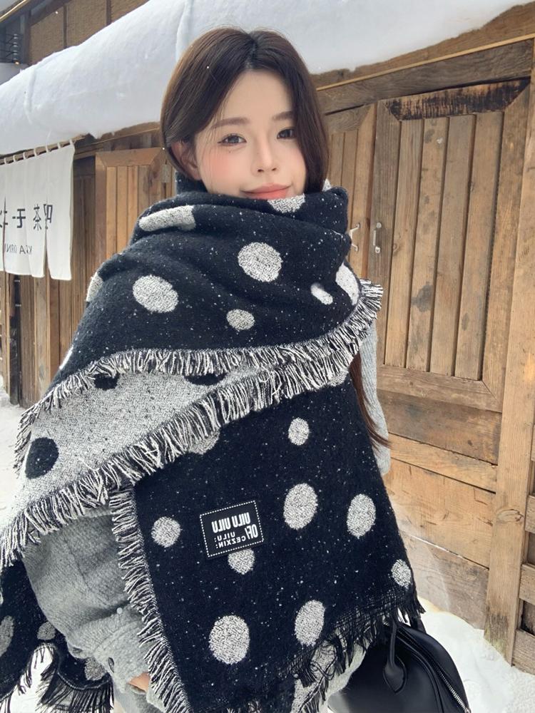 Retro Dot Print Fashion Winter Women Knitted Scarf Headscarf Casual Preppy Tassel Scarve Lady Mujer Thick Wrap Shawl Korean New