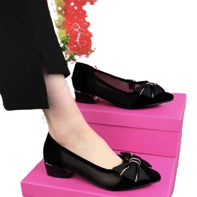Spring and Summer New Bow Hollow Women's Single Shoes Low Heel Fashion Breathable Mesh Sandals