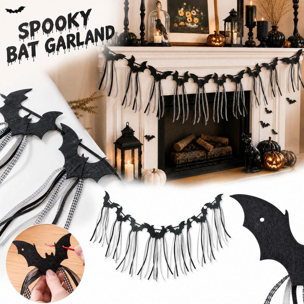 Halloween Garland with Black Flying Bats for House Wall Hanging Decor