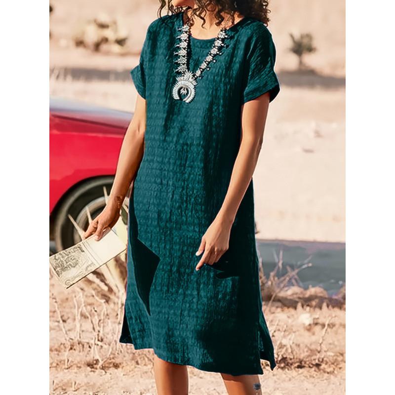 Polyester Solid Color Basic Short Sleeve A Line Dress For Office Women