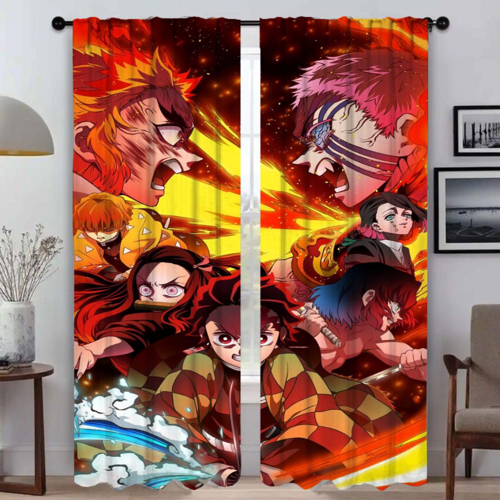 Elegant Room Curtains 2 Pieces Demon Slayer Living Room Curtain Home Interior Curtains for Camera Shades Tulle for Bedroom Child