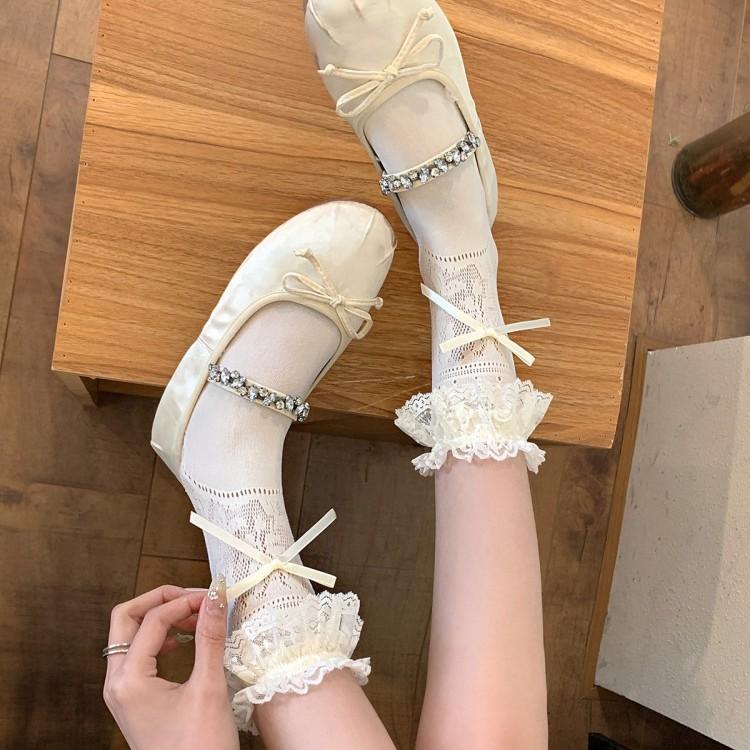 Milk White Lace Bow Tube Socks Ballet Soft Girl Versatile Mary Jane Shoes Breathable Lolita Girl Socks