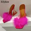 Eilyken Fashion Candy Colors Feather Women Slippers Transparent Crystal Perspex Hoof Heels Peep Toe Mules Slides Shoes
