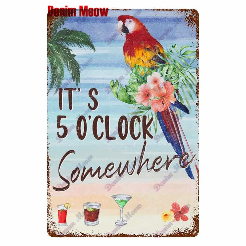 Metal Tin Sign Wall Decor, Vintage Parrot Cocktail Bar Plates, Kitchen Painting Decor, It's 5 O'clock, WY23