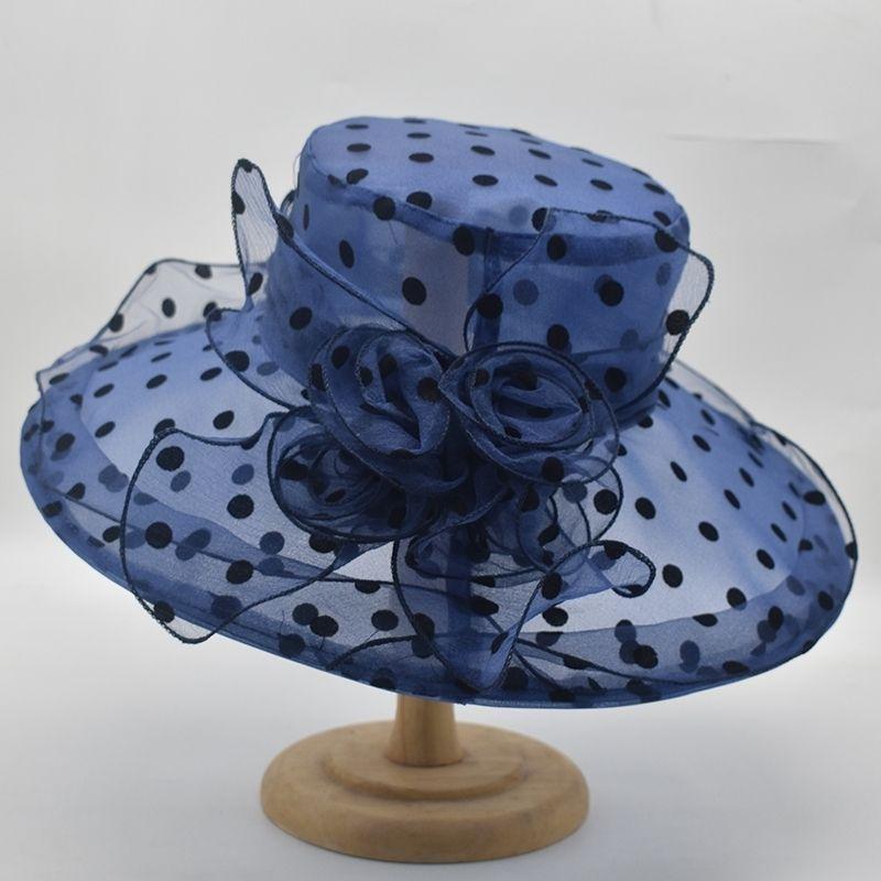 Women's Retro Polka Dot Organza Sun Hat - Wide Brim Mesh Derby Hat with Floral Accent, Black & White Patterned Design, Perfect for Beach, Outdoor