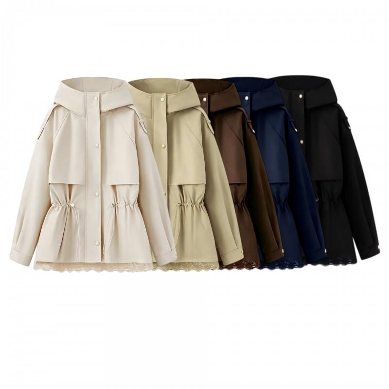 Womens Fall Winter Trench Coat Cotton Padded Jacket Lace Trim Elastic Waist Solid Color