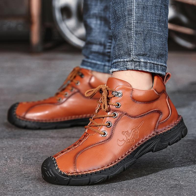 Brown Handmade Leather Men Boots Outdoor Design Sneakers Man Breathable Casual Leather Shoes Men Ankle Boots Fall Plus Size 48