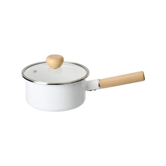 Pearl Metal Pot, Single Handed Pot, 16cm, Enamel, IH Compatible, Glass Lid Included, White Amulet HB-4887