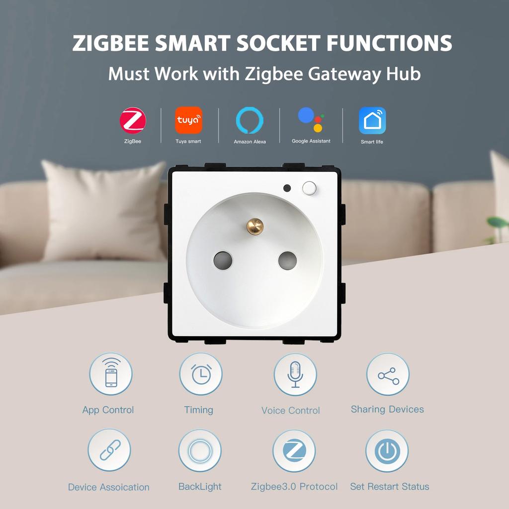 BSEED Zigbee French Socket Power Monitor Smart Plug Tuya Smart Life Alexa App Glass Frames Function Parts  Free Combination