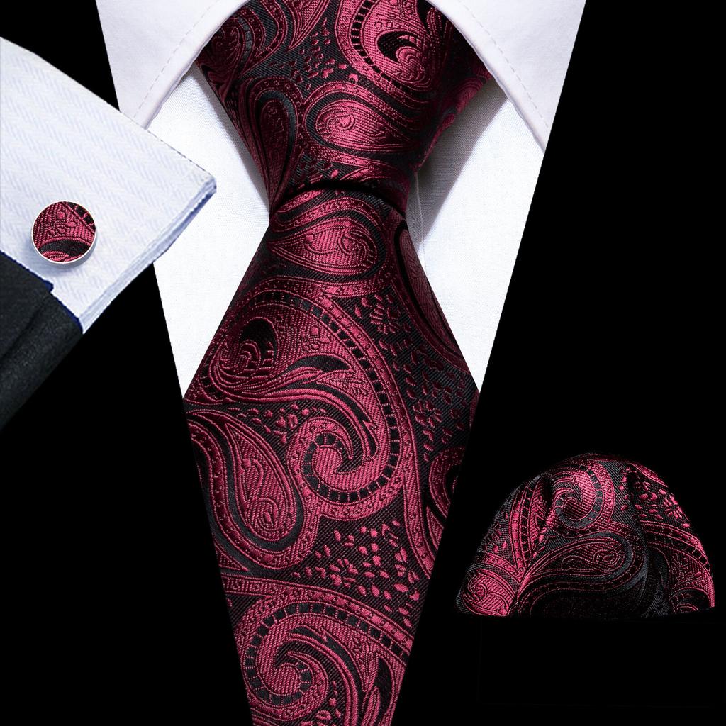 Barry.Wang Floral Ties for Men Woven Paisley Wedding Necktie Handkerchief Cufflinks Formal Casual Set