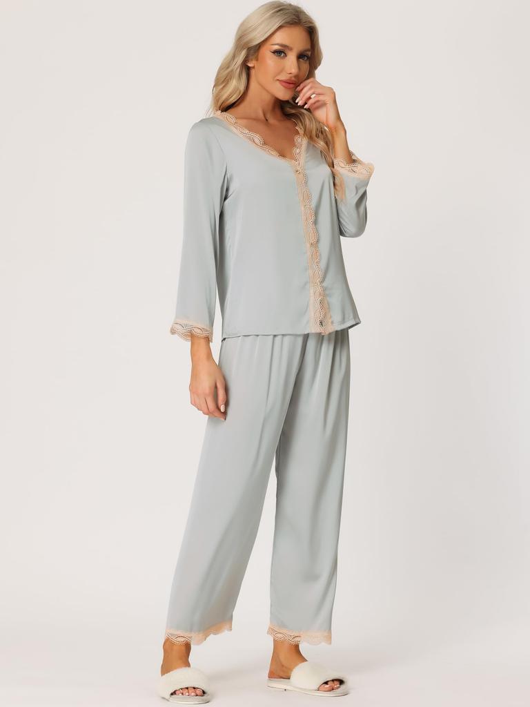 Satin Long Sleeve Lounge Night Lace Cute Top and Bottom Gray S [cheibear] Pajamas, Suit, V-Neck, Trim, Set, Women's, Blue,