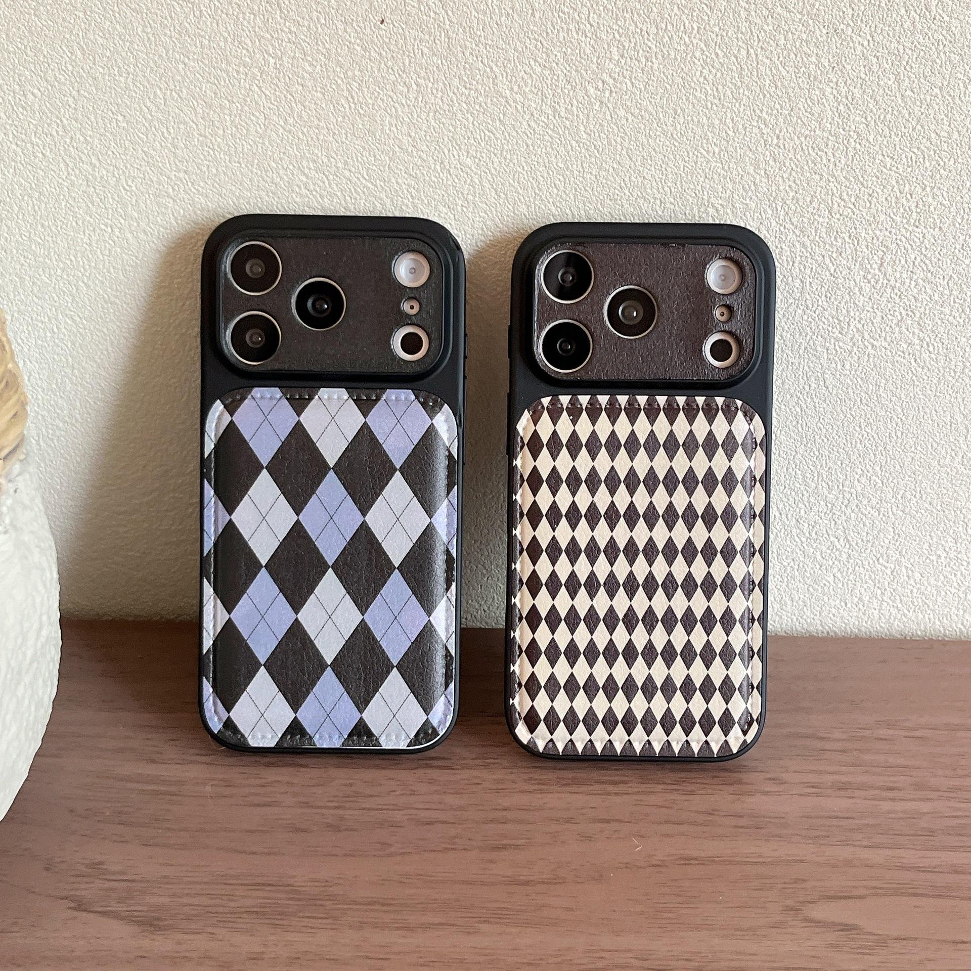 

Vintage British Diamond Plaid Leather Phone Case with Window for Apple Leather Covered чёрный
