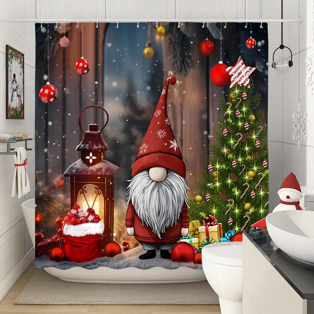 Frohe Weihnachten Duschvorhänge Winter Schneeflocke Weihnachten Kiefer Blätter Lampe Urlaub Bauernhaus Home Stoff Bad Vorhang Badezimmer Dekor