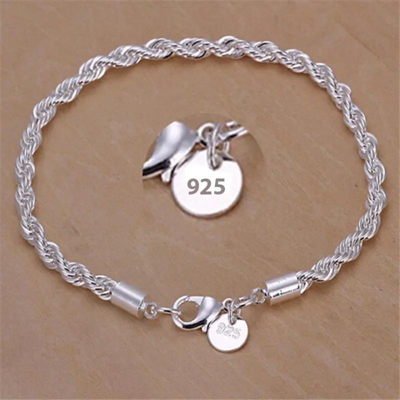 Braccialetti Corda Intrecciata in Argento Sterling 925 da 4MM per Donne Uomini Moda Minimalista Braccialetto a Catena per Coppia Gioielli Argentati Maschili Regali