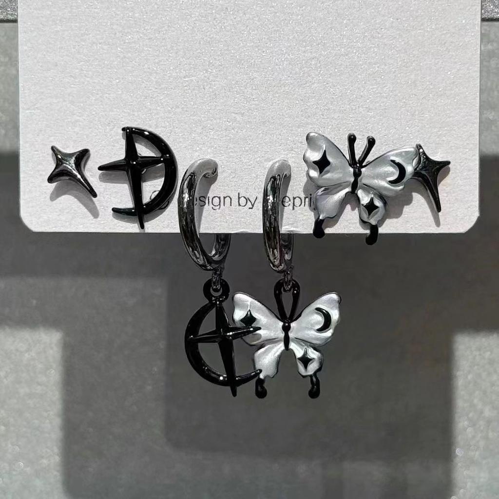 6pcs Set Personality Trend Dark Butterfly Heart Star Cross Tassels Zircon Stud Earrings for Women Hip-hop Rock Y2K Jewelry Gift
