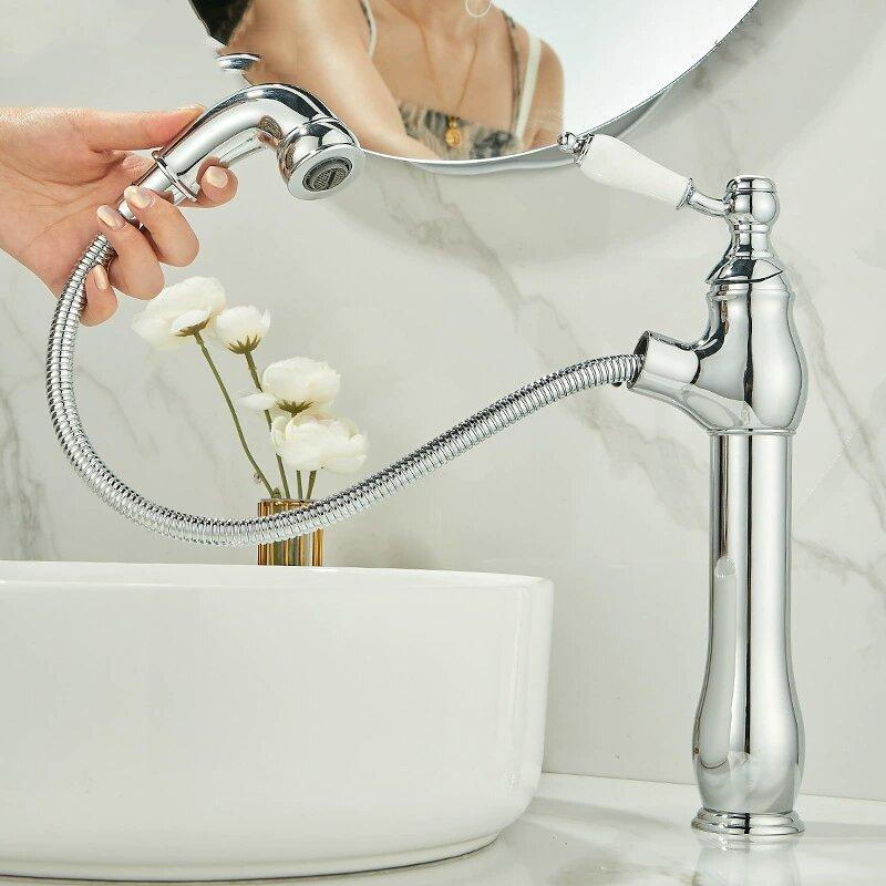 Gold Bathroom Ceramic handle Basin Faucets Pull Out Mixers Sink Faucet Washbasin Taps Water Tap Tapware Crane Brass Material