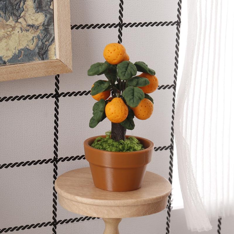 Miniature Orange Tree Potted Plant Ornament 1:12 Dollhouse Fruit Tree Bonsai Decoration Model Toy Micro Landscape Photo Props