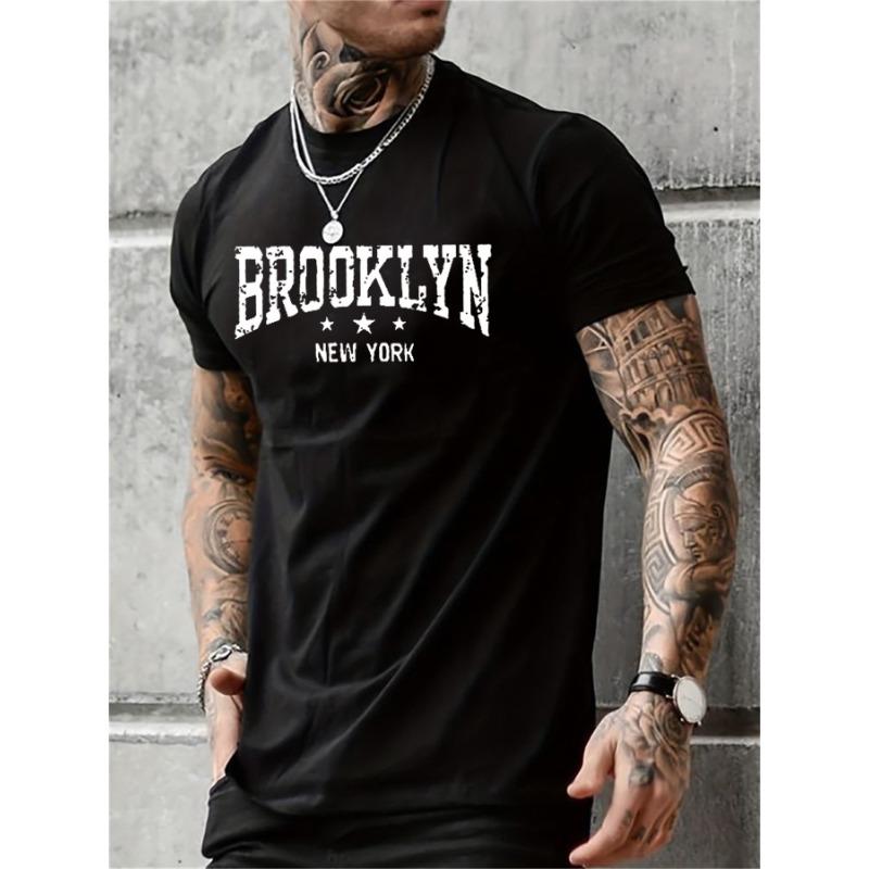 Men's 100% pure cotton summer casual loose Brooklyn New York letter printed comfortable round neck short sleeved T-shirt top