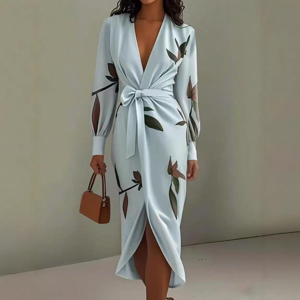 V-neck Long-sleeved Lace-up Printed Fashionable Long Dress for Vacation Style