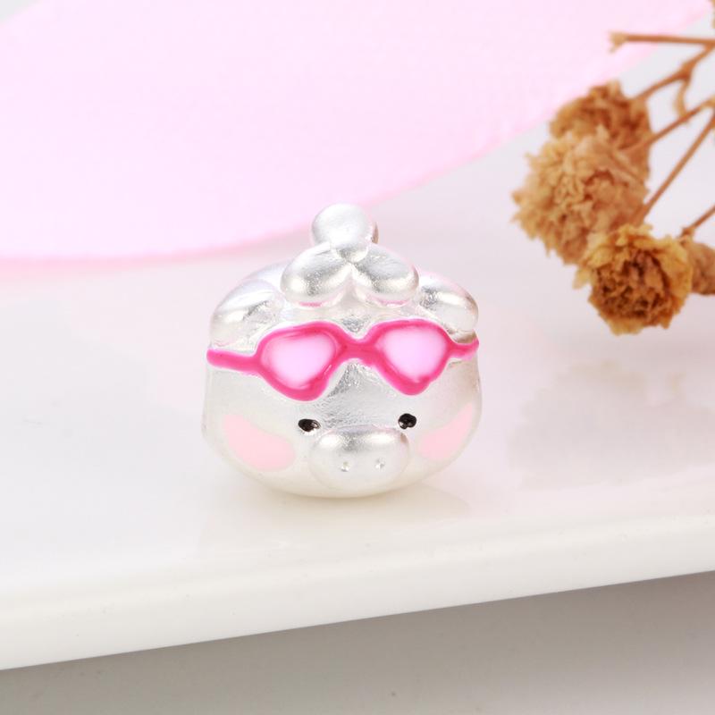 Sterling Silver 999 Lulu Pig Charm: Pure Silver Dragonfly, Bamboo, Braided Rope Beading Accessories, Little Pig Cartoon Luck Bead.