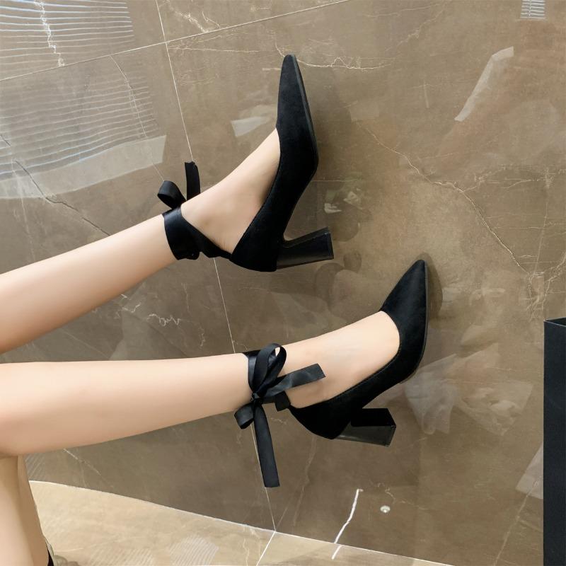 Fashion Temperament Block Heel Single Shoes Autumn New Pointed Toe Shallow Suede Bare Strappy Non-slip High Heels
