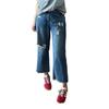 Blue ripped large size straight jeans women's summer thin slightly fat mm high waist thin wide leg cropped pants