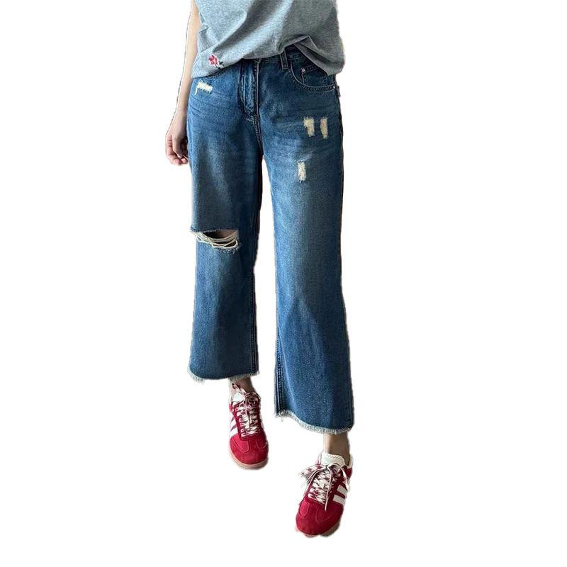 Blue ripped large size straight jeans women's summer thin slightly fat mm high waist thin wide leg cropped pants