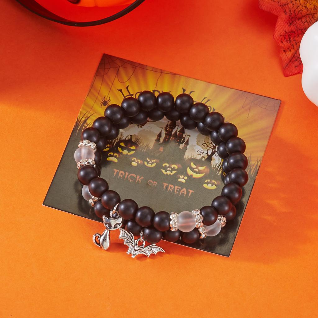 2Pcs/Set Halloween Pumpkin Spider Bracelets For Women Men Cute Cat Bat Ghost Couple Bangles Crystal Beads Bracelets Jewelry Gift