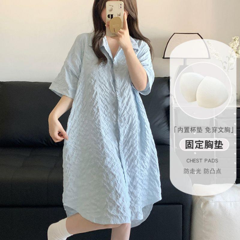 

Cloud cotton nightdress women s short-sleeved summer with chest pad pajamas solid color medium and long student simple medium and long loungewear 160(M)