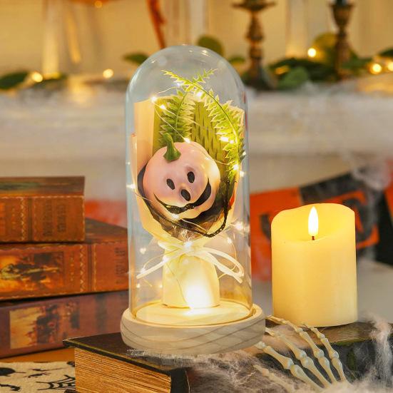Halloween Light Up Pumpkin In Clear Cloche Handmade Glowing Pumpkin Light for Home Kitchen Mantel Tabletop Indoor Halloween Decoration
