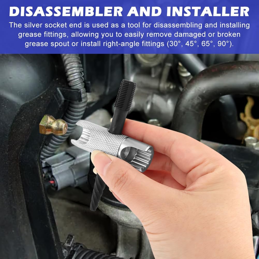 Grease Zerk Tool, 4 Way Zerk Grease Fittings Removal Tools Fit 1/4"-28 SAE, 1/8"-NPT, M10x1 M8x1 and Hex Size 3/8" 5/16" 7/16" for Install, Remove,