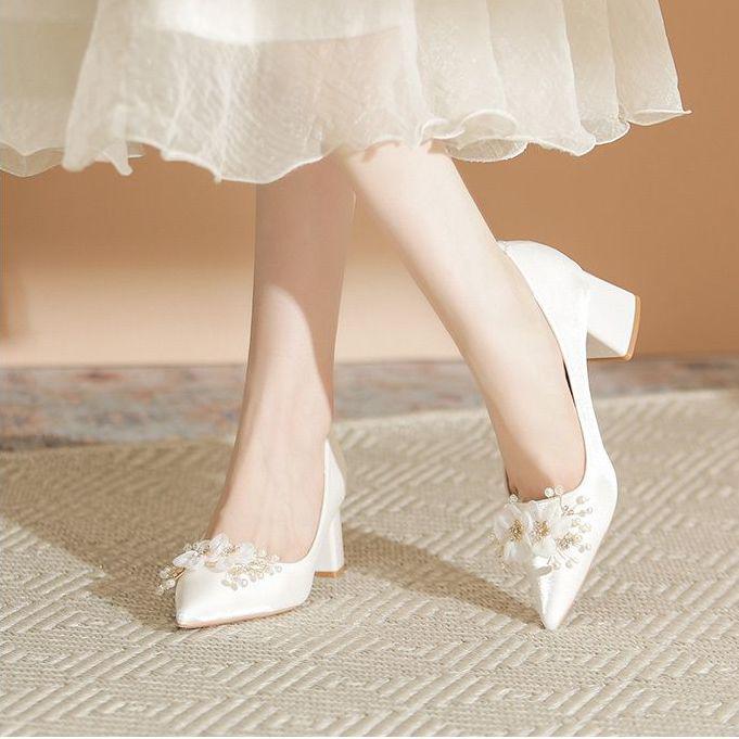 Women's Chunky Heel Satin Bridal Shoes - Pointed Toe with Floral Design for Weddings and Engagements