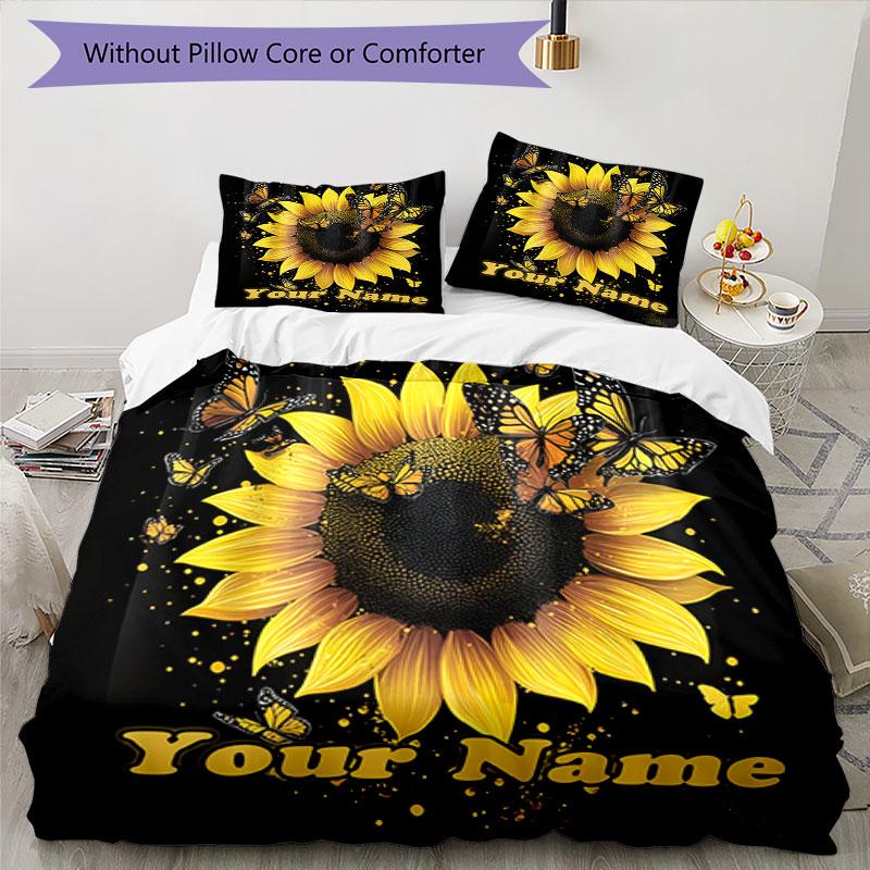 3pcs Custom Name Butterflies Sunflower Bedding Set Printed Bedding Set Duvet Cover Closure Includes 1 Duvet Cover & 2 Pillowcases Bedroom Decor