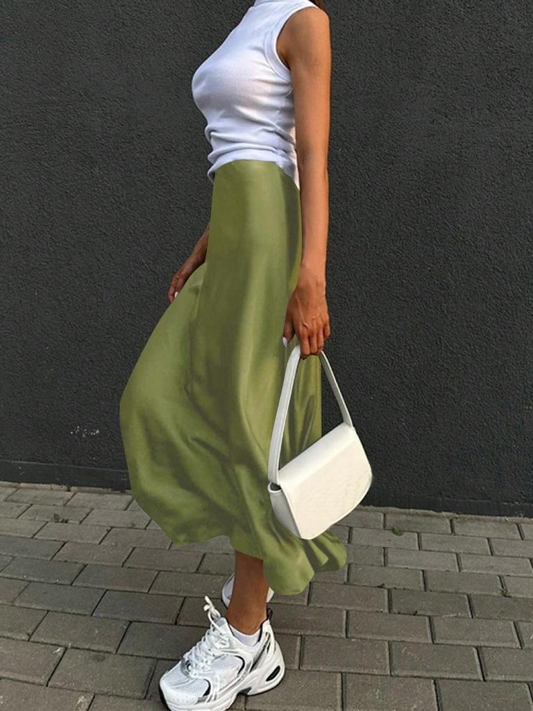 Women Elastic High Waist Satin Zipper Back Mermaid Hem Casual Comfort Skirt Elegant Chic Luxury Fashion Solid Silk Fabric With No Wrinkle